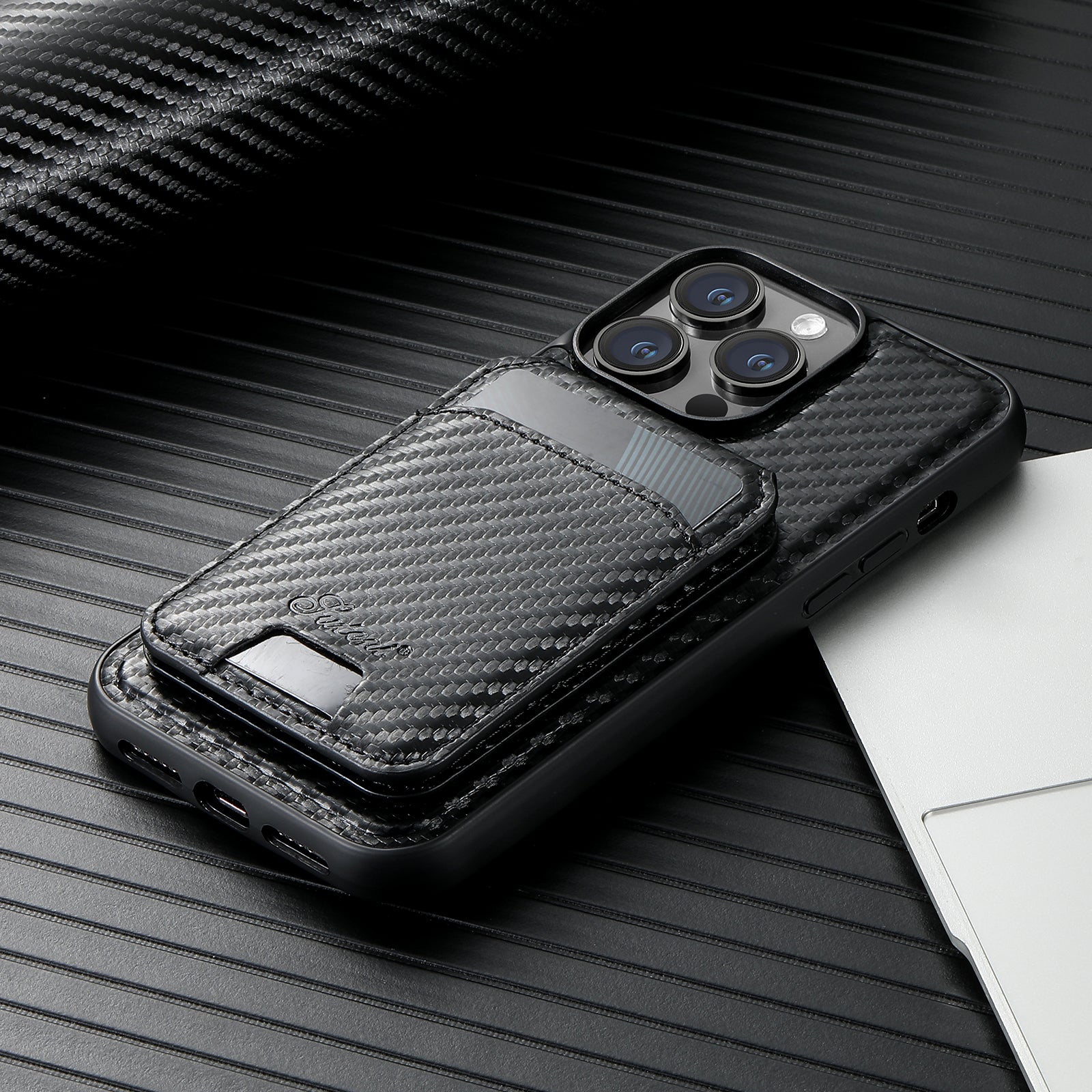 Premium 2-in-1 Carbonfaser Geldbörse iPhone Hülle – Magnetischer Kartenhalter, Abnehmbarer Deckel, Stoßfeste Schutz, Elegantes Design für iPhone Modelle