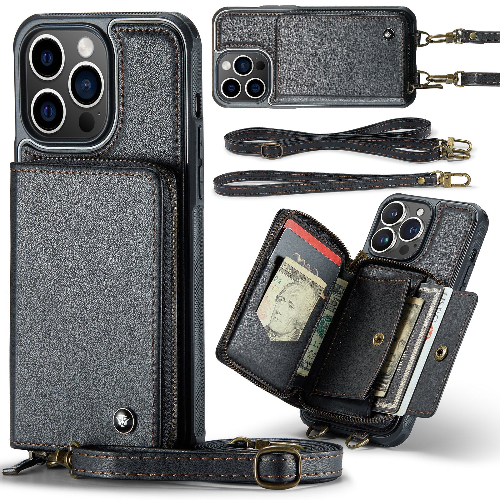 Luxuriöse Leder Geldbörse Crossbody iPhone Hülle – Kartensteckplatz, Ständerfunktion, Handgelenkband, stoßfeste Schutz für iPhone
