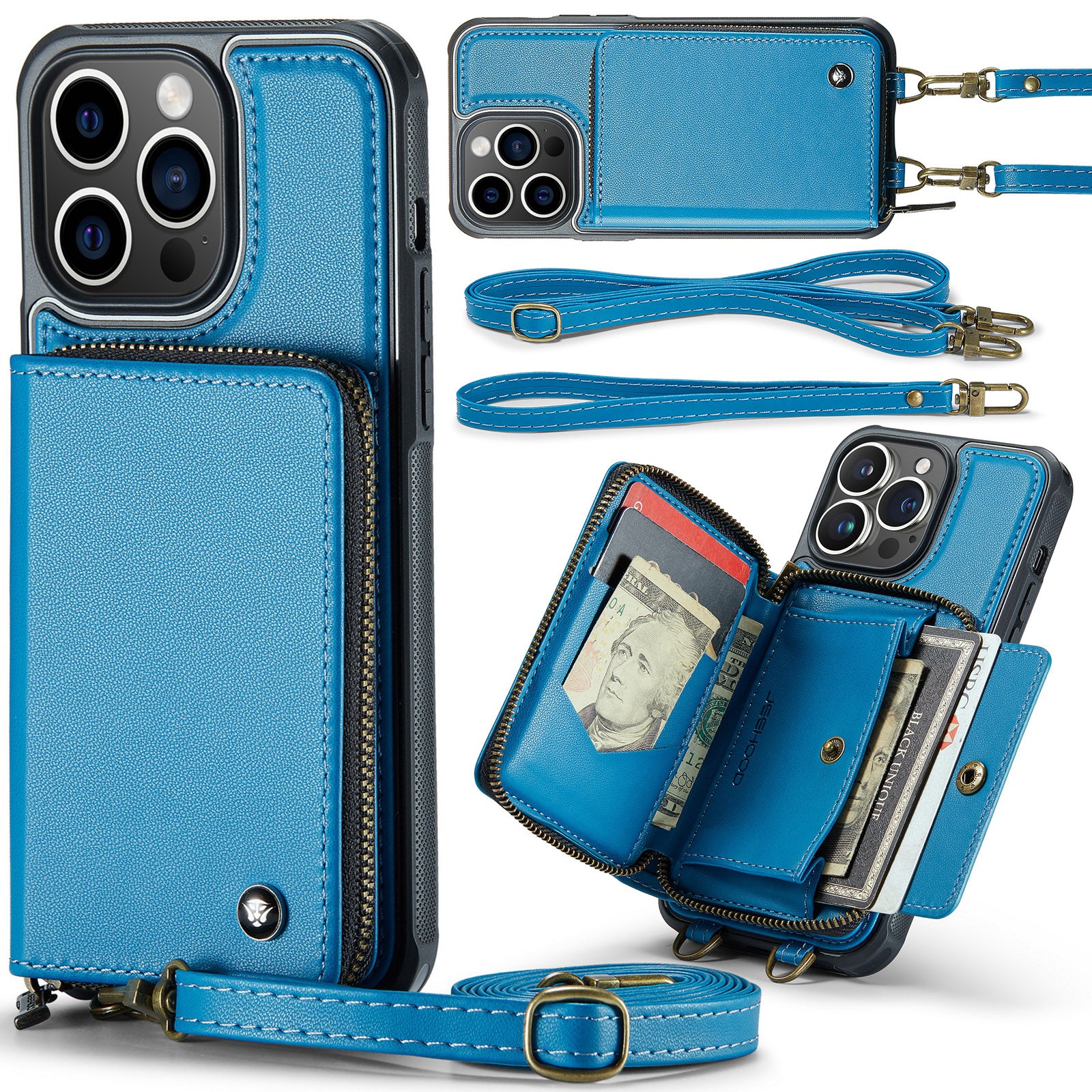 Luxuriöse Leder Geldbörse Crossbody iPhone Hülle – Kartensteckplatz, Ständerfunktion, Handgelenkband, stoßfeste Schutz für iPhone