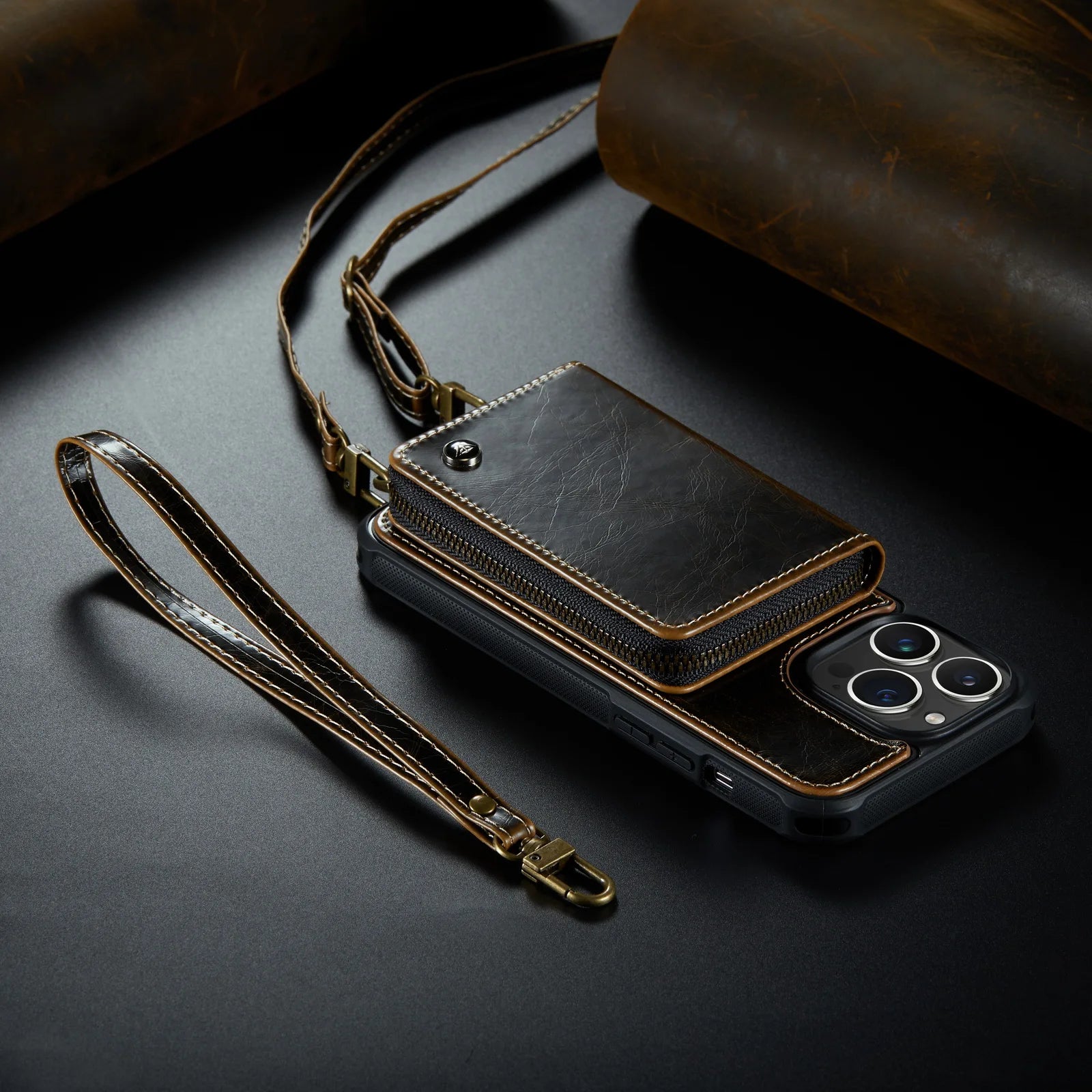 Luxuriöse Leder Geldbörse Crossbody iPhone Hülle – Kartensteckplatz, Ständerfunktion, Handgelenkband, stoßfeste Schutz für iPhone