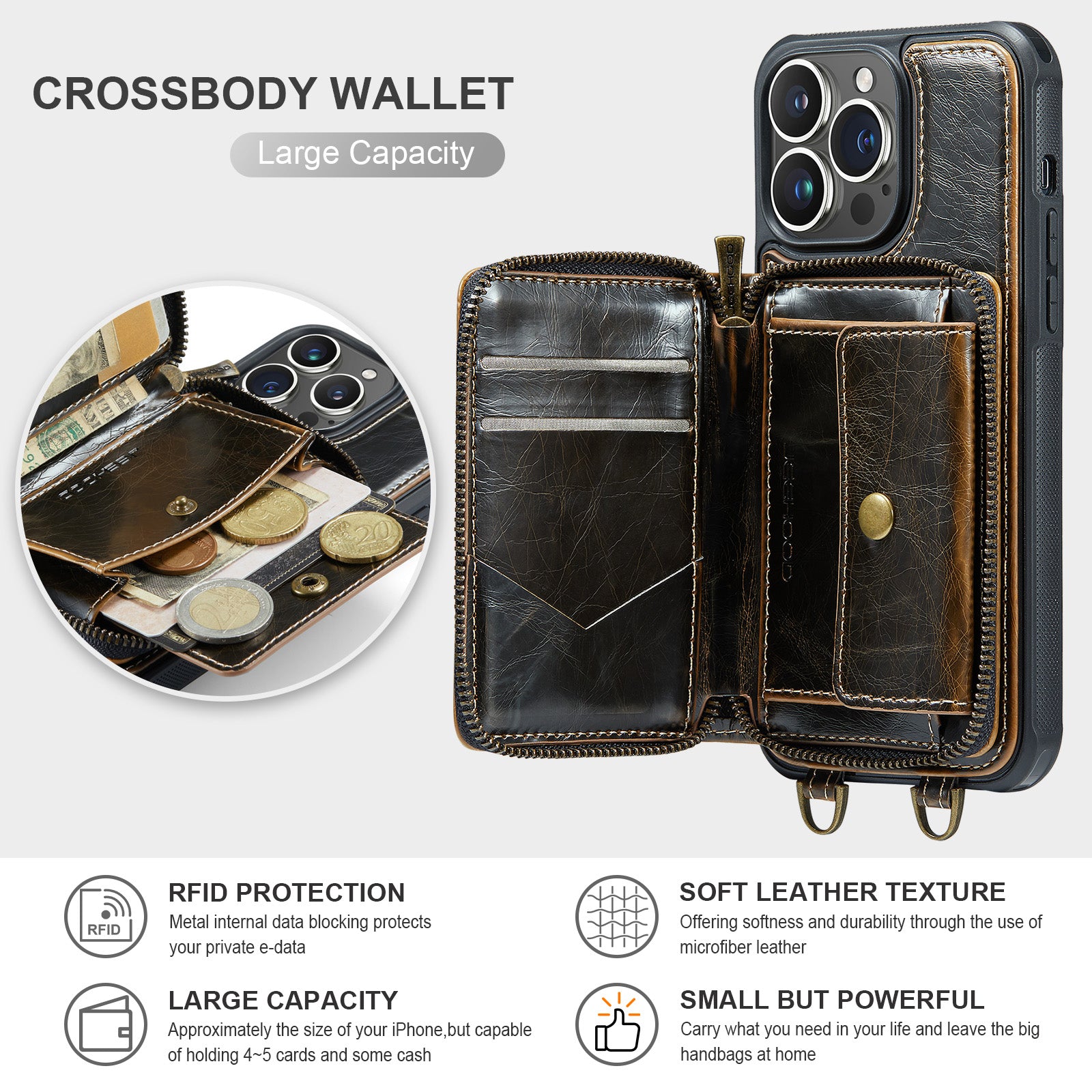 Luxuriöse Leder Geldbörse Crossbody iPhone Hülle – Kartensteckplatz, Ständerfunktion, Handgelenkband, stoßfeste Schutz für iPhone