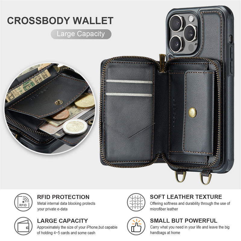 Luxuriöse Leder Geldbörse Crossbody iPhone Hülle – Kartensteckplatz, Ständerfunktion, Handgelenkband, stoßfeste Schutz für iPhone
