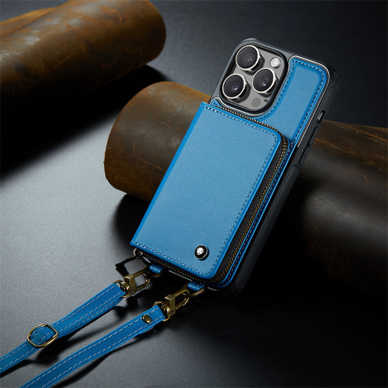 Luxuriöse Leder Geldbörse Crossbody iPhone Hülle – Kartensteckplatz, Ständerfunktion, Handgelenkband, stoßfeste Schutz für iPhone