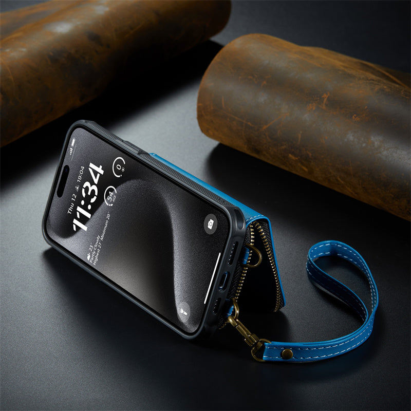 Luxuriöse Leder Geldbörse Crossbody iPhone Hülle – Kartensteckplatz, Ständerfunktion, Handgelenkband, stoßfeste Schutz für iPhone