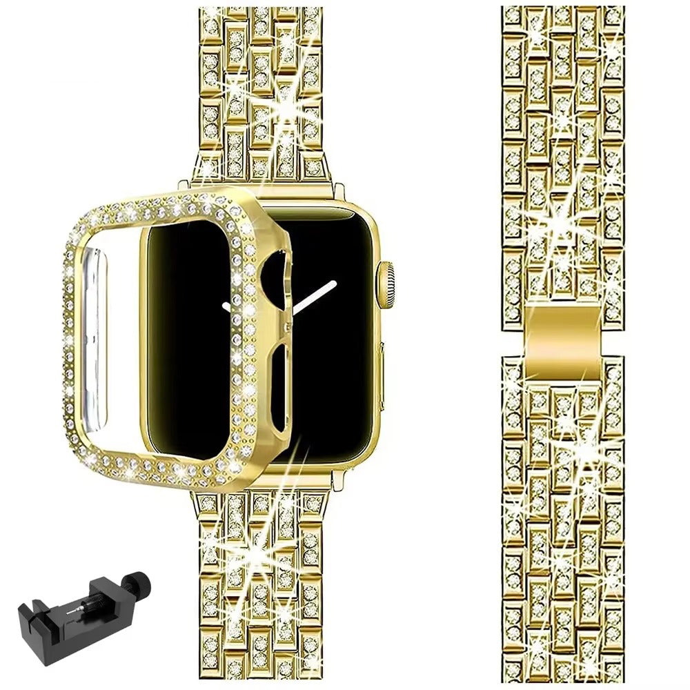 Luxury Glitter Metal Watch Band with Diamond Case – Sparkling Adjustable Strap and Protective Cover for 40mm to 49mm