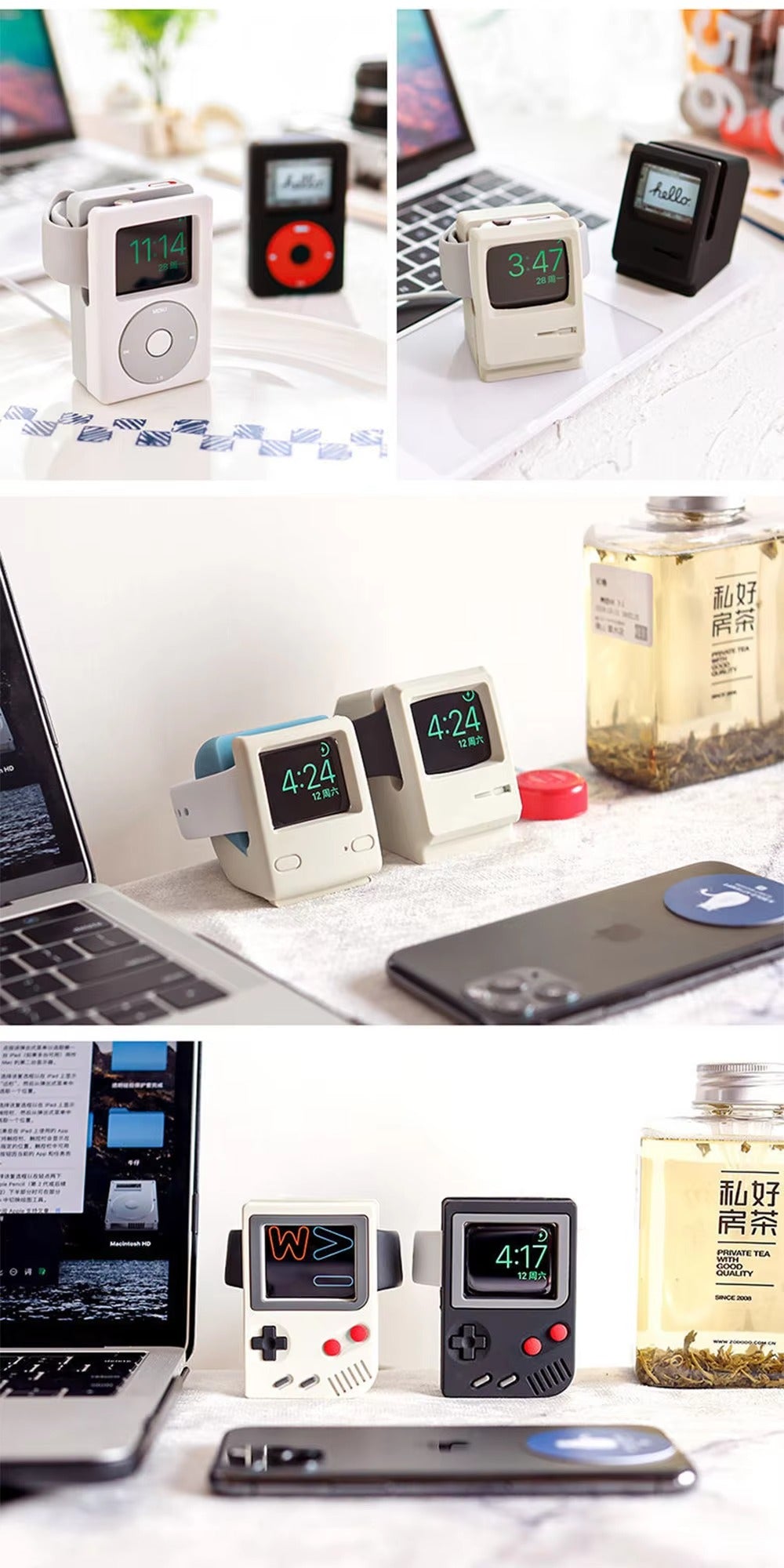 Premium Retro Charging Stand for Smartwatch – Desktop Silicone Dock Holder with Cable Slot, Nightstand Mode Compatible