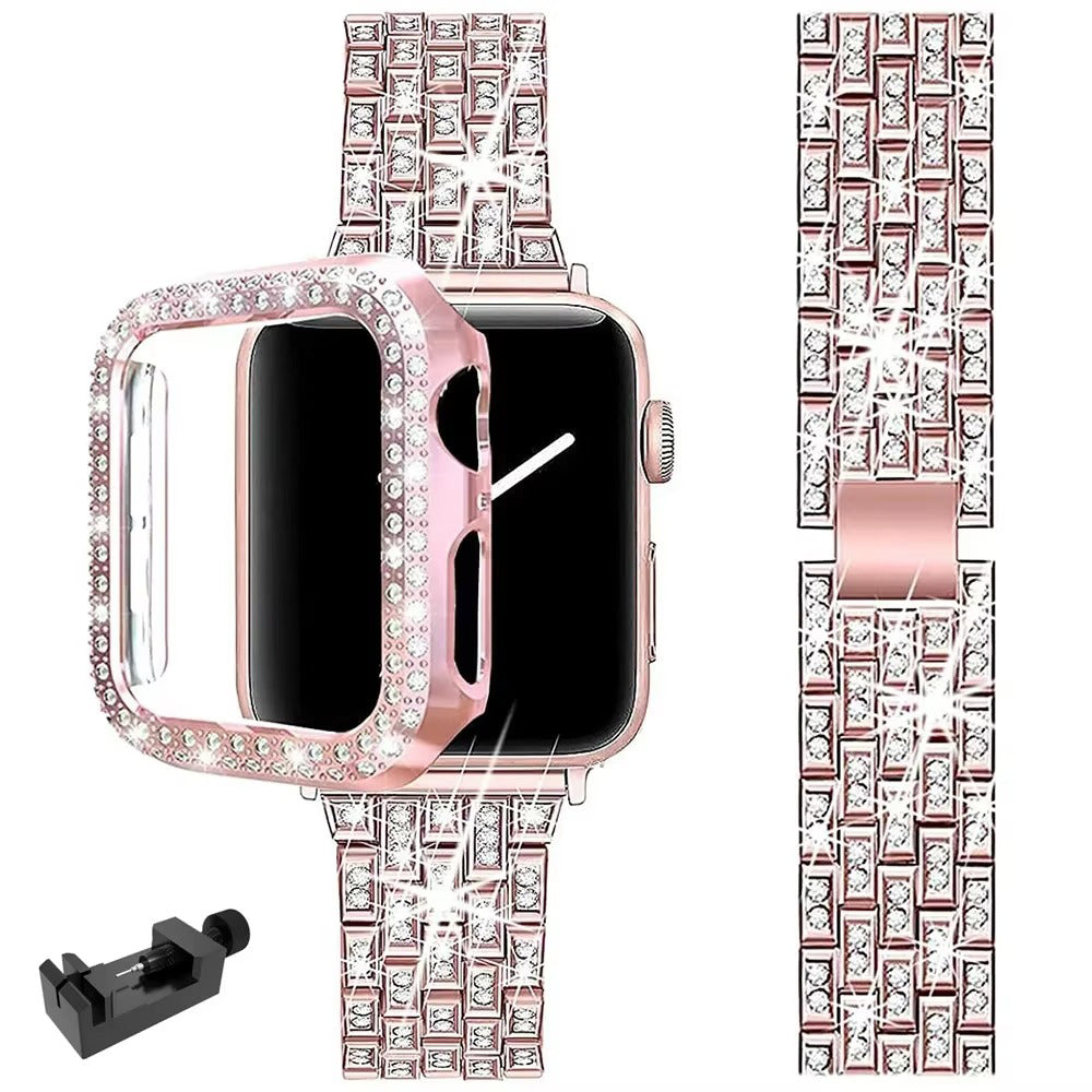Luxury Glitter Metal Watch Band with Diamond Case – Sparkling Adjustable Strap and Protective Cover for 40mm to 49mm