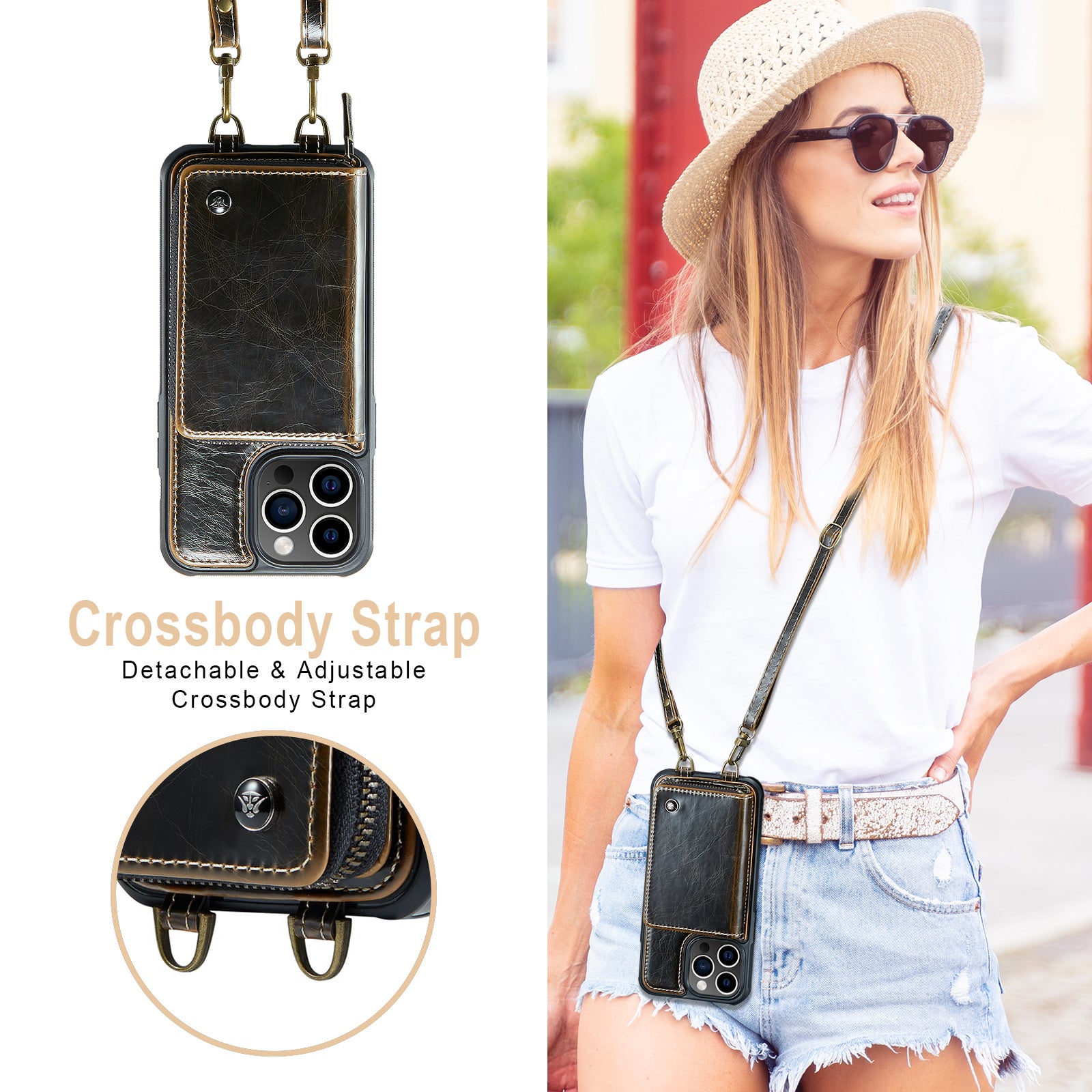 Luxuriöse Leder Geldbörse Crossbody iPhone Hülle – Kartensteckplatz, Ständerfunktion, Handgelenkband, stoßfeste Schutz für iPhone