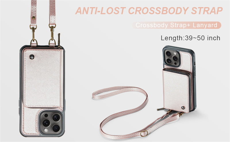 Luxuriöse Leder Geldbörse Crossbody iPhone Hülle – Kartensteckplatz, Ständerfunktion, Handgelenkband, stoßfeste Schutz für iPhone