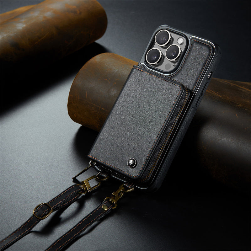Luxuriöse Leder Geldbörse Crossbody iPhone Hülle – Kartensteckplatz, Ständerfunktion, Handgelenkband, stoßfeste Schutz für iPhone
