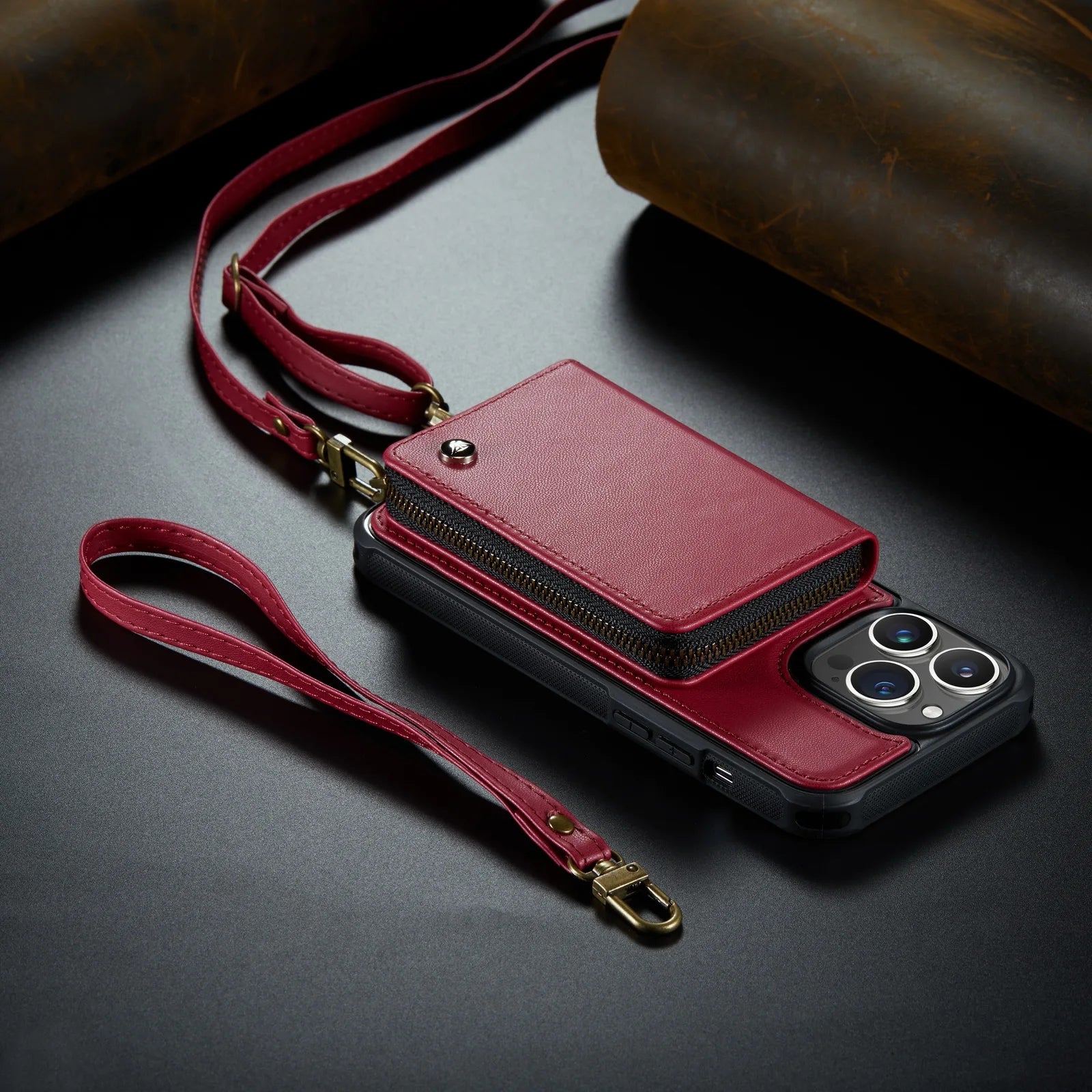 Luxuriöse Leder Geldbörse Crossbody iPhone Hülle – Kartensteckplatz, Ständerfunktion, Handgelenkband, stoßfeste Schutz für iPhone