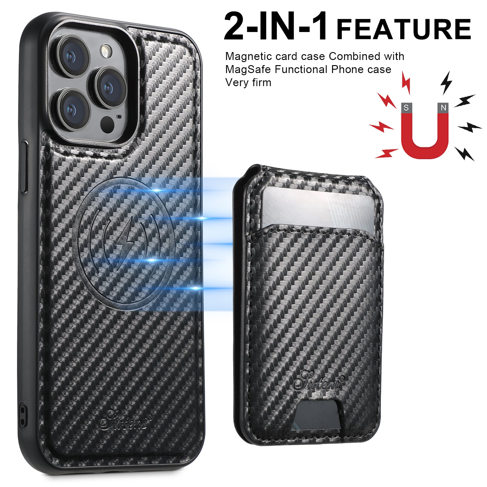 Premium 2-in-1 Carbonfaser Geldbörse iPhone Hülle – Magnetischer Kartenhalter, Abnehmbarer Deckel, Stoßfeste Schutz, Elegantes Design für iPhone Modelle