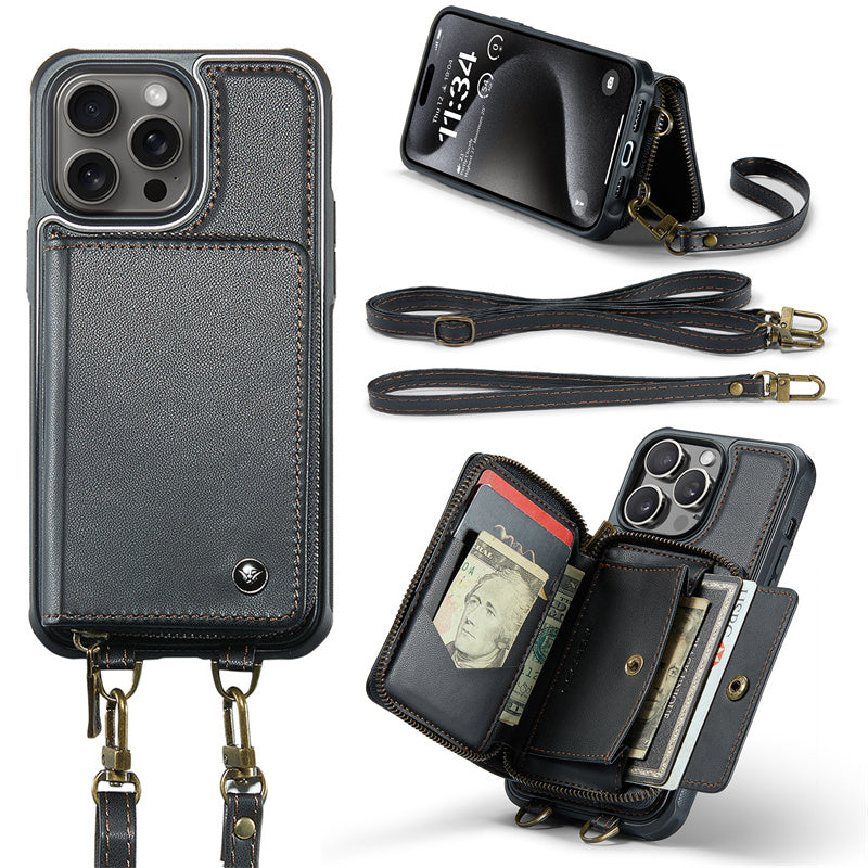 Luxuriöse Leder Geldbörse Crossbody iPhone Hülle – Kartensteckplatz, Ständerfunktion, Handgelenkband, stoßfeste Schutz für iPhone