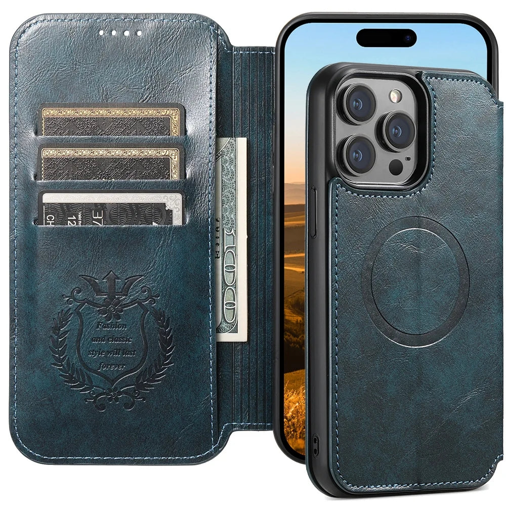 Luxuriöse Leder Magnetic Flip iPhone Hülle – MagSafe Geldbörse Kartenhalter, kabellos aufladbar, stoßfesten Schutz, elegantes Design für iPhone Modelle