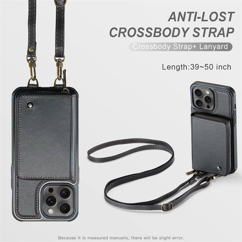 Luxuriöse Leder Geldbörse Crossbody iPhone Hülle – Kartensteckplatz, Ständerfunktion, Handgelenkband, stoßfeste Schutz für iPhone