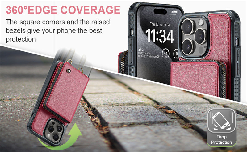 Luxuriöse Leder Geldbörse Crossbody iPhone Hülle – Kartensteckplatz, Ständerfunktion, Handgelenkband, stoßfeste Schutz für iPhone