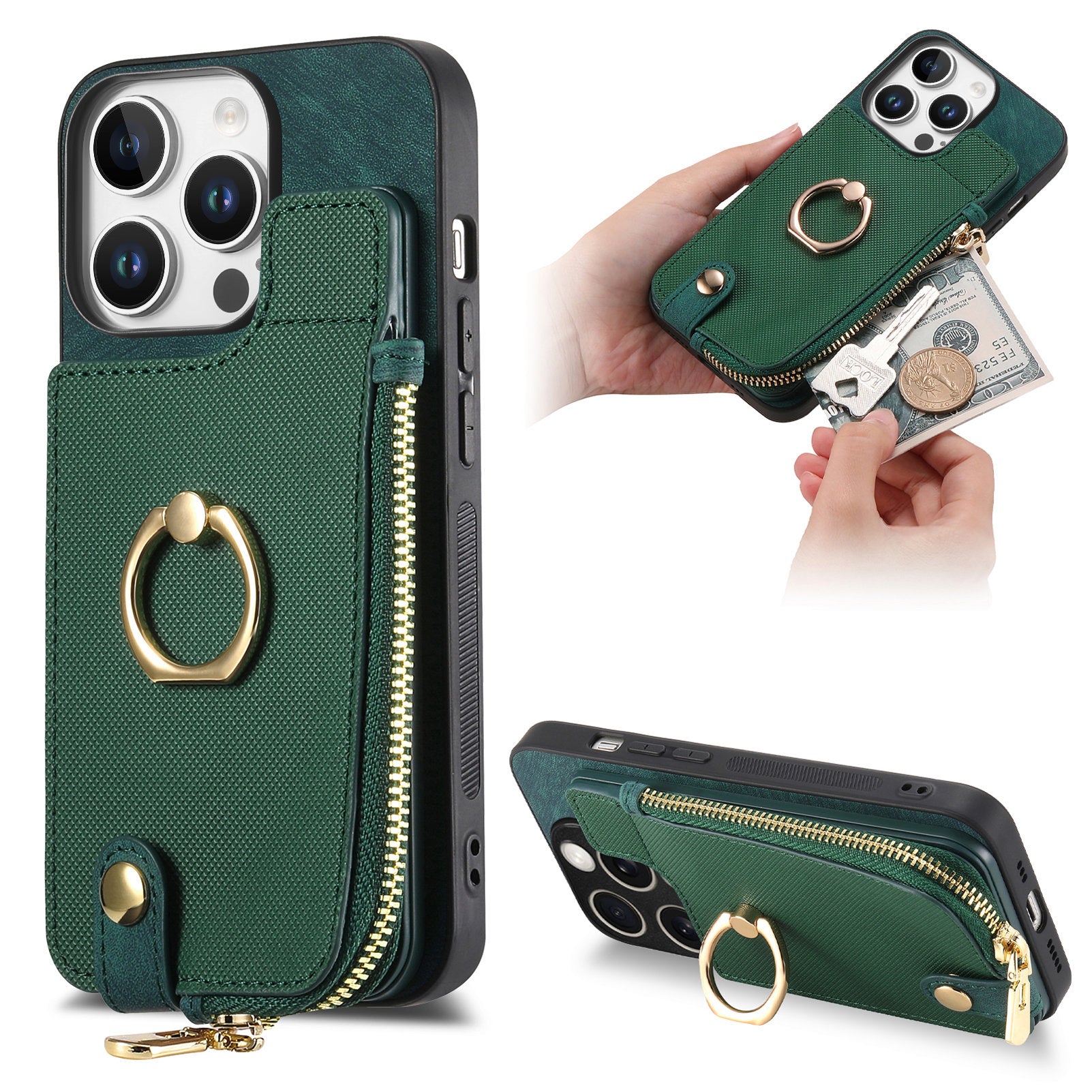 Luxuriöse Reißverschluss-Geldbörse aus Leder iPhone-Hülle – Kartenhalter, Ring-Ständer, stoßfeste Schutz und stilvolles Crossbody-Design für sichere und bequeme Nutzung