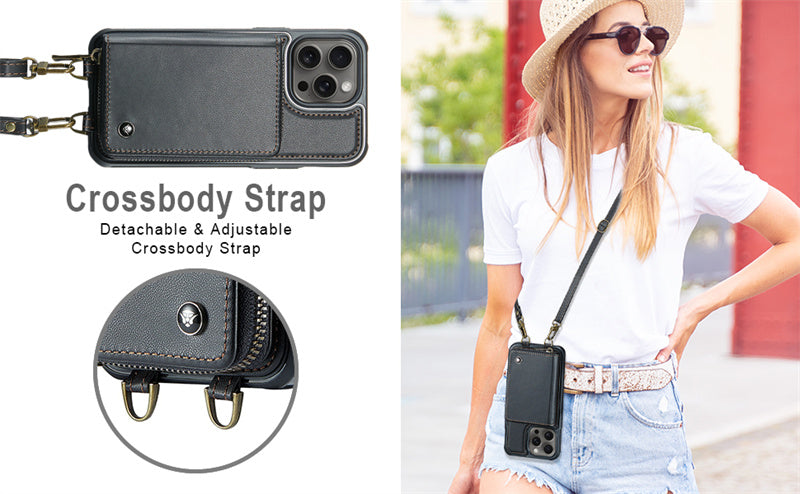 Luxuriöse Leder Geldbörse Crossbody iPhone Hülle – Kartensteckplatz, Ständerfunktion, Handgelenkband, stoßfeste Schutz für iPhone