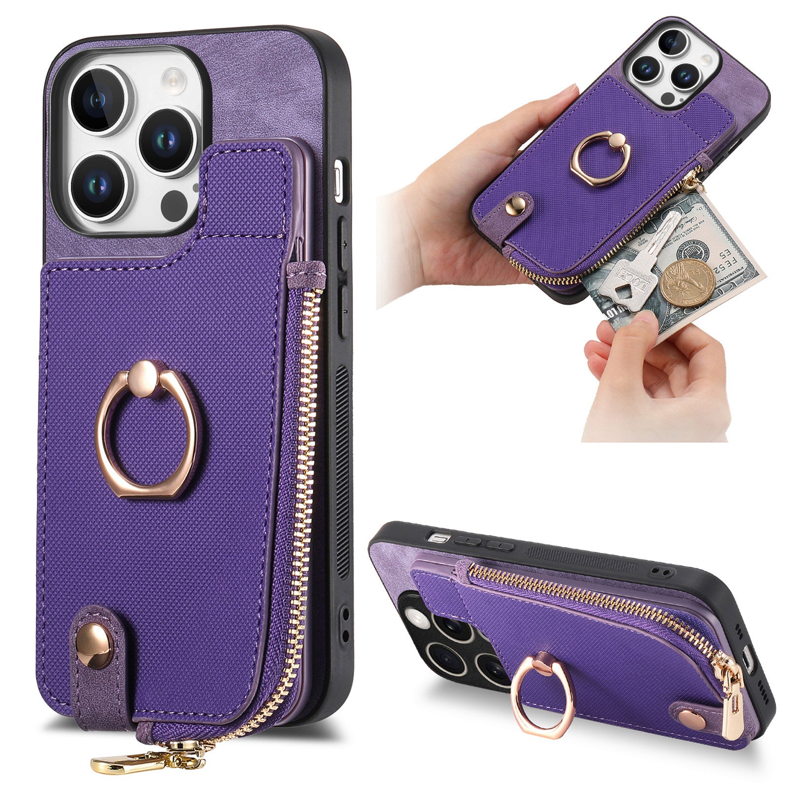 Luxury Zipper Wallet Leather iPhone Case – Card Holder, Ring Kickstand, Shockproof Protection, and Stylish Crossbody Design for Secure & Convenient Use