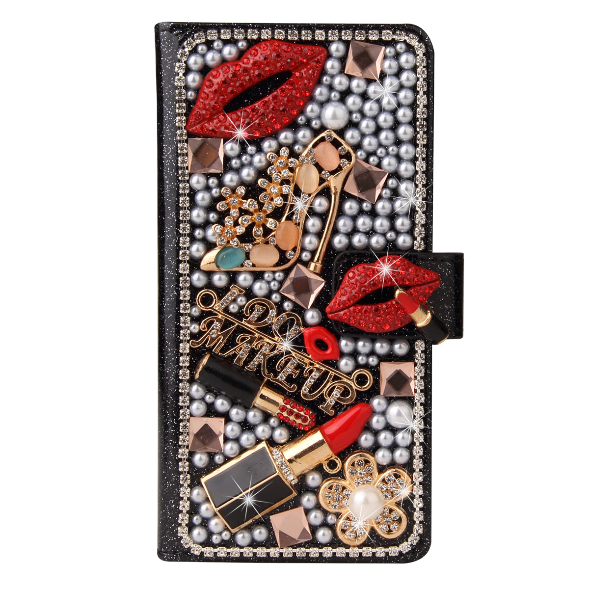 Luxury Bling Diamond Lipstick Wallet iPhone Case Flip Leather Cover with Card Slots, Rhinestone Design, Shockproof Protection