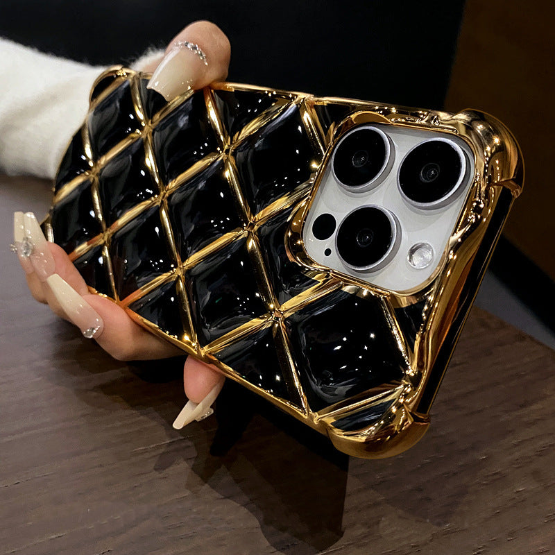 Luxury Plating Diamond Lattice Grid Shockproof Phone Case Gold Plated Cover for iPhone Models, Elegant & Durable Protection