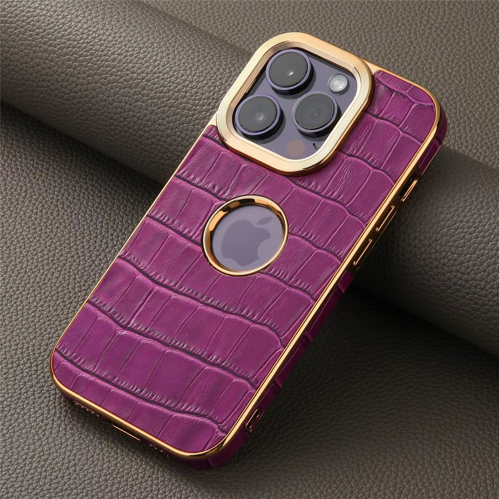 Luxury Plating Gold Genuine Cowhide Leather Case for iPhone - Crocodile Plaid Pattern Durable, Elegant Wallet Cover