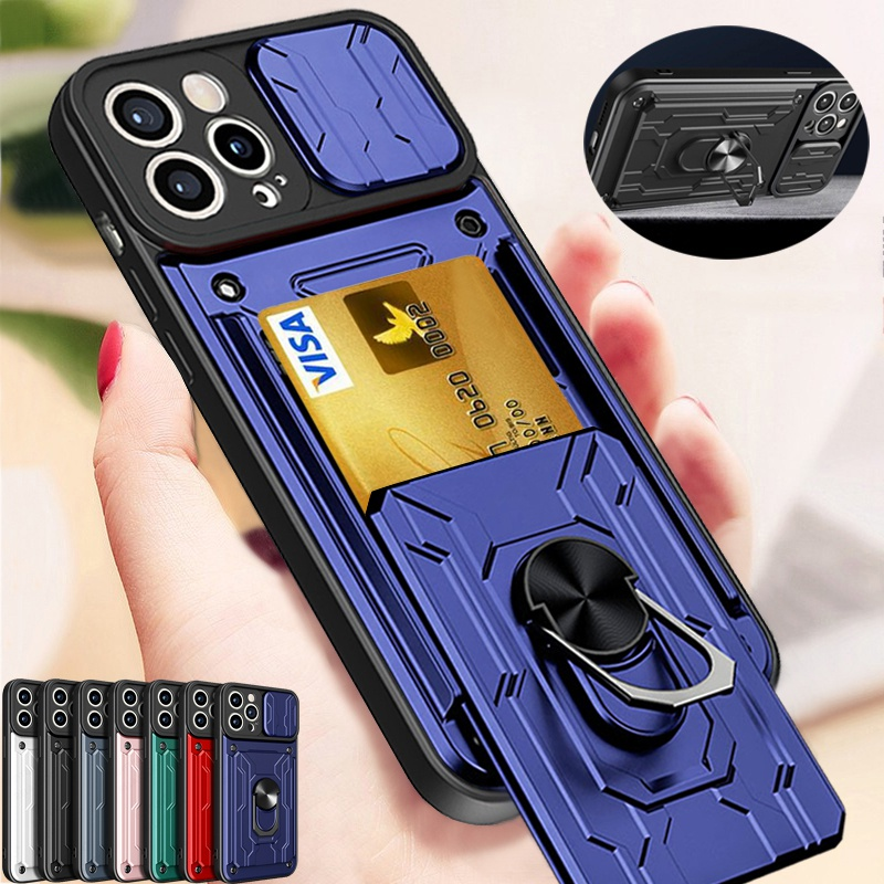 Hidden Slide Card Slot Case – Lens Protection, Magnetic Ring Stand, Shockproof Cover for iPhone Models