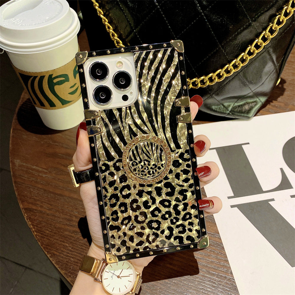 Luxury Leopard Gold Plating Phone Case Glitter Diamond Ring Stand for iPhone Models Stylish Design Durable & Functional Funda