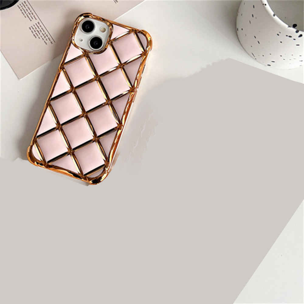 Luxury Plating Diamond Lattice Grid Shockproof Phone Case Gold Plated Cover for iPhone Models, Elegant & Durable Protection