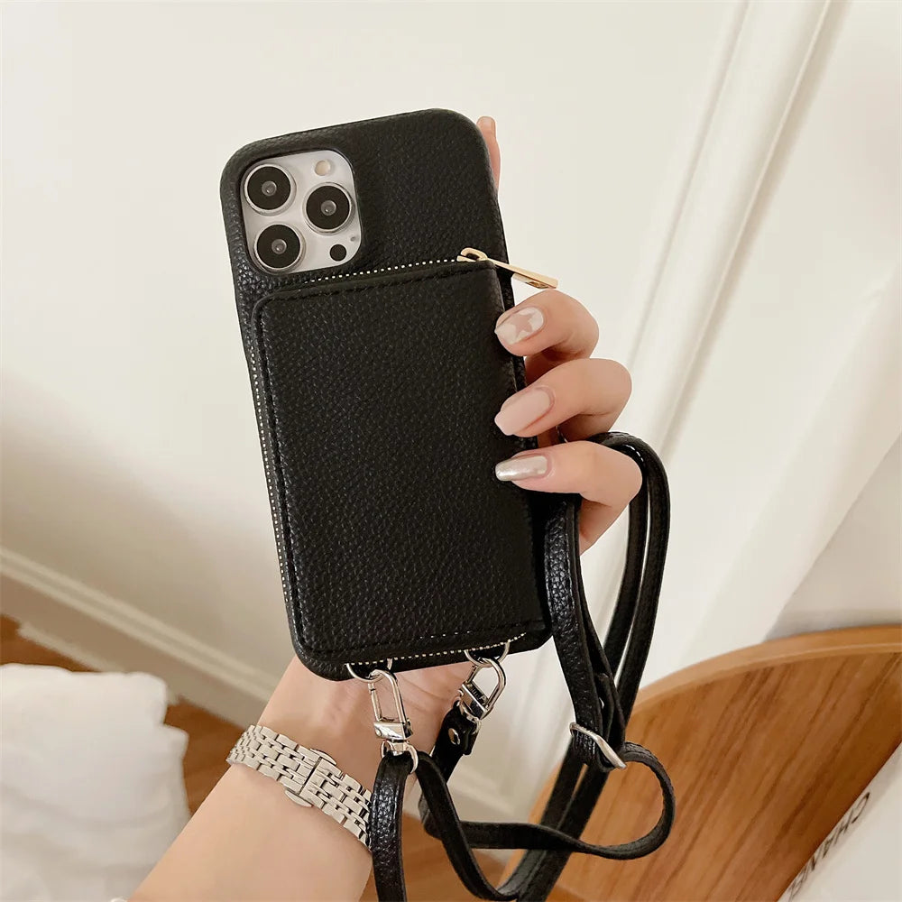 Luxury Zipper Wallet Crossbody iPhone Case – Leather Cover with Card Slot, Shoulder Lanyard, and Full Protection for iPhone Models