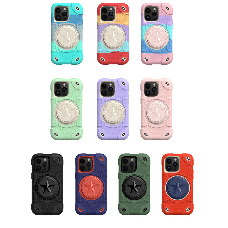 Shield Rotating Ring Rugged Stand Case – Five-Pointed Star Design, Macaron Color Bumper Cover, Durable Protection for iPhone Models