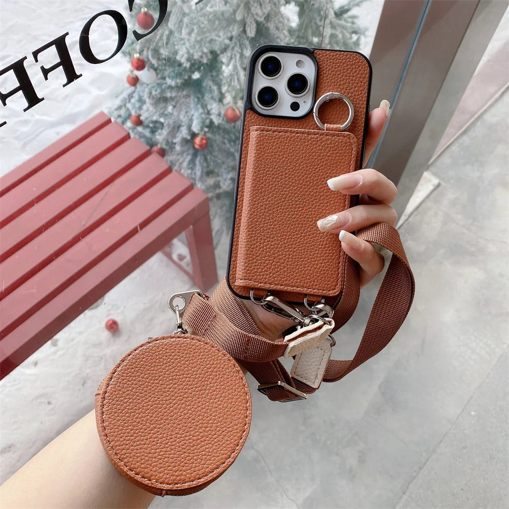 Luxury Crossbody Wallet Coin Purse Phone Case for iPhone 16, 15, 14, 13, 12, 11 Pro Max – Card Pocket Holder, Lanyard Leather Cover