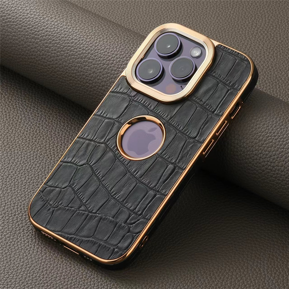 Luxury Plating Gold Genuine Cowhide Leather Case for iPhone - Crocodile Plaid Pattern Durable, Elegant Wallet Cover