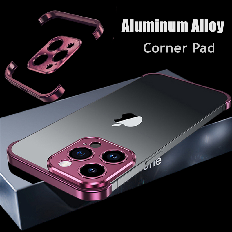 Metal Corner Pads iPhone Case – Aluminum Alloy Bumper with Camera Lens Protector, Bare Machine Design, Antifall Protection for iPhone Models