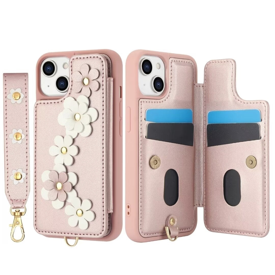 Luxury Crossbody Wallet Leather Phone Case – 3D Flower Design, Card Slot, Wrist Strap, Magnetic Closure, Protective Cover