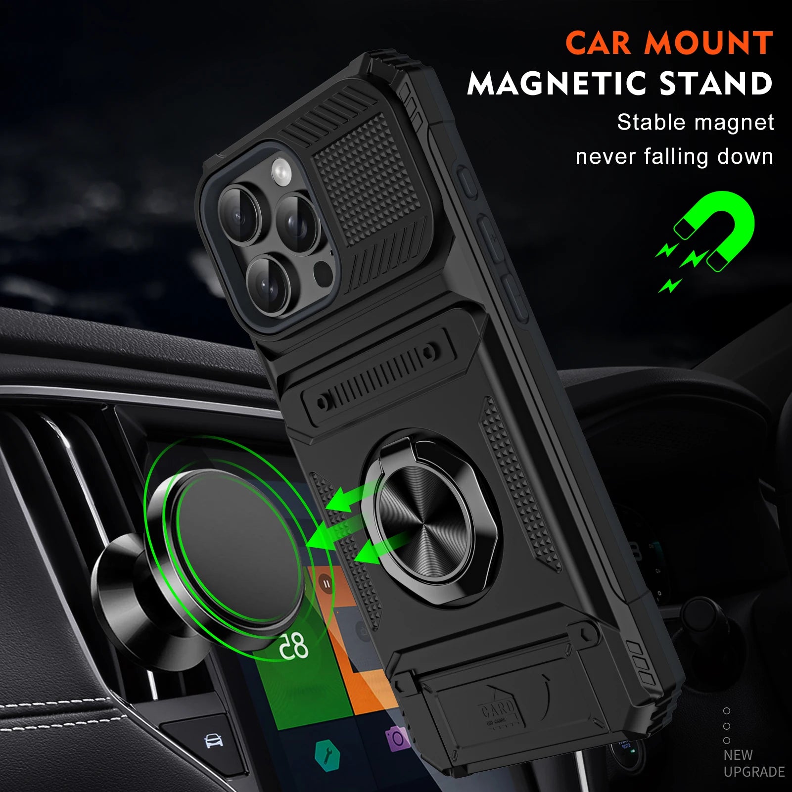 Magnetic Card Holder Case – Rotating Ring Kickstand, Heavy-Duty Shockproof Wallet Cover for iPhone Models