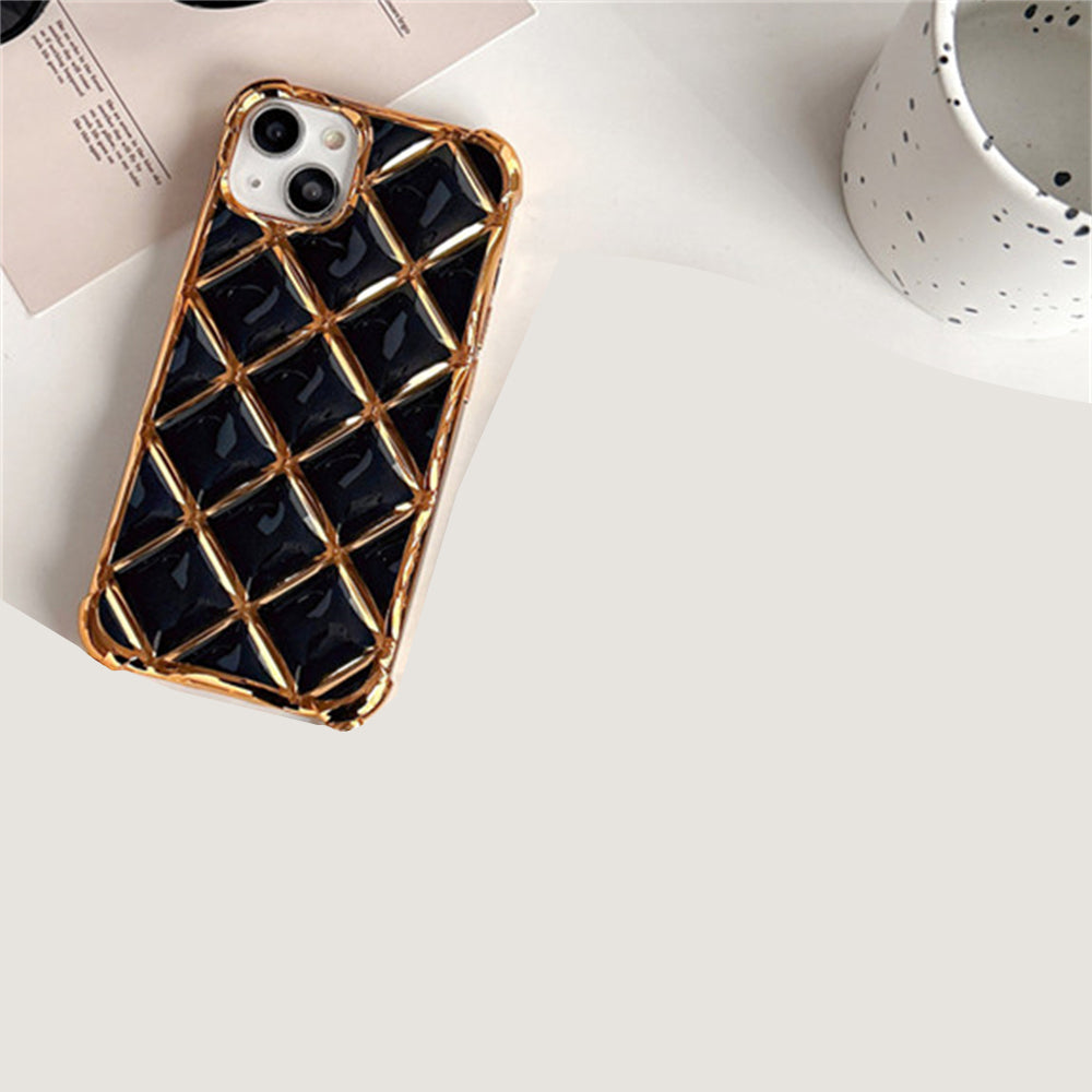 Luxury Plating Diamond Lattice Grid Shockproof Phone Case Gold Plated Cover for iPhone Models, Elegant & Durable Protection