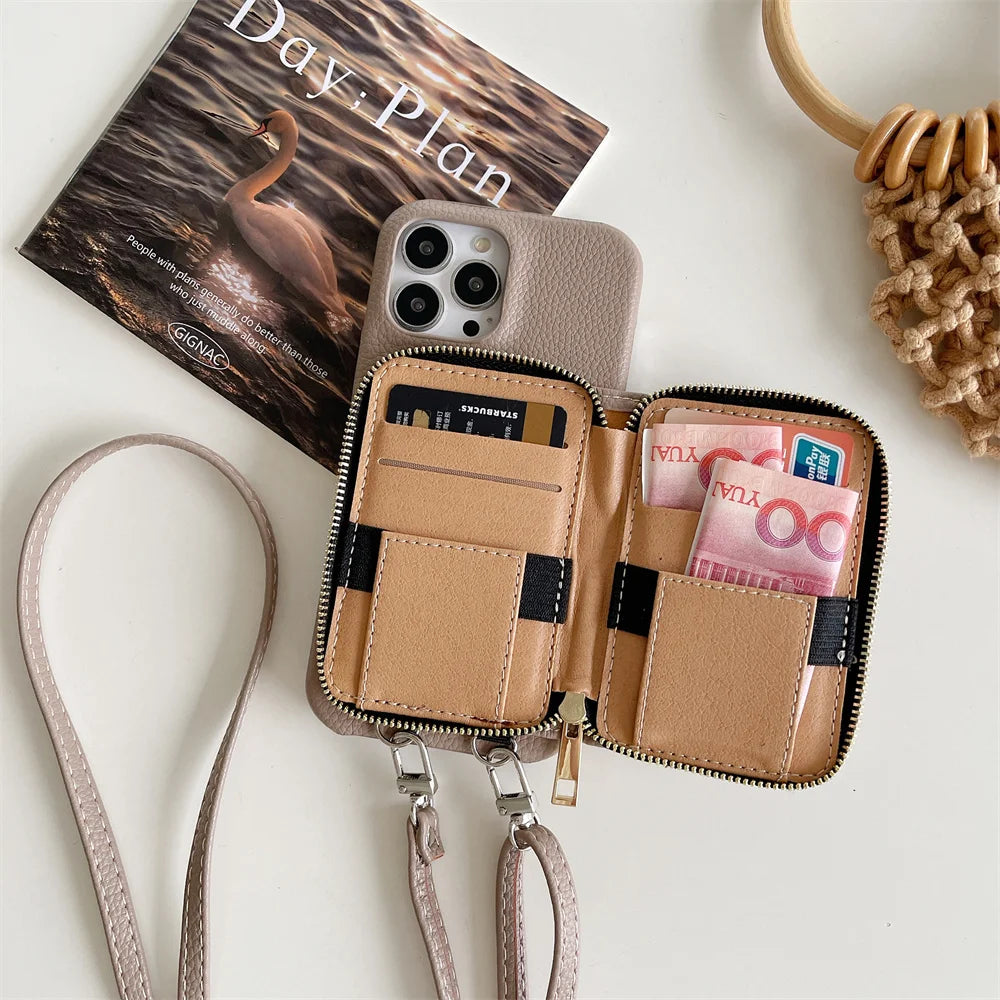 Luxury Zipper Wallet Crossbody iPhone Case – Leather Cover with Card Slot, Shoulder Lanyard, and Full Protection for iPhone Models