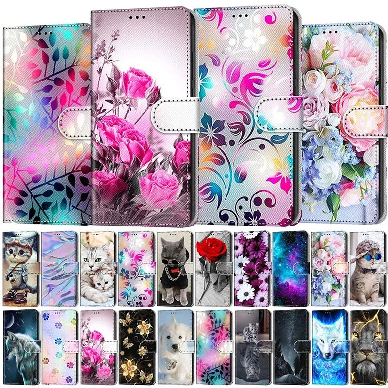 Kids Wallet Flip Case for iPhone – Etui Card Holder, Flower & Cat Painted Pattern, Leather Phone Cover with Magnetic Closure