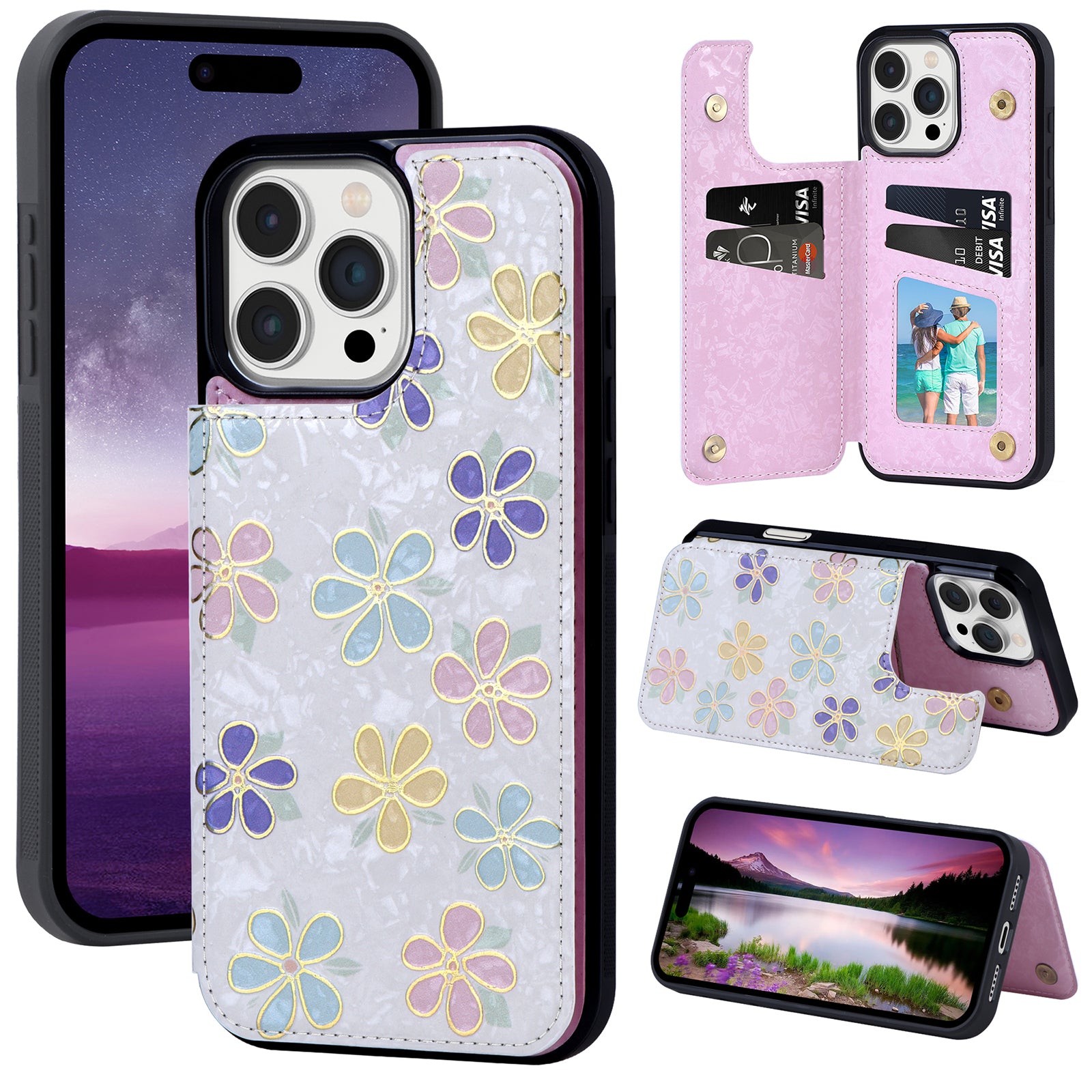 Hot Stamped Floral Wallet Case – Card Slots, Flip Cover, Magnetic Closure, Elegant Leather Design, Shockproof Protection for iPhone