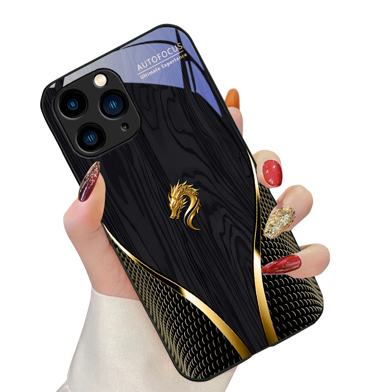 Premium Yellow Dragon Qi Soars to the Sky Tempered Glass Phone Case Stylish Protection iPhone Models Durable Elegant Cover