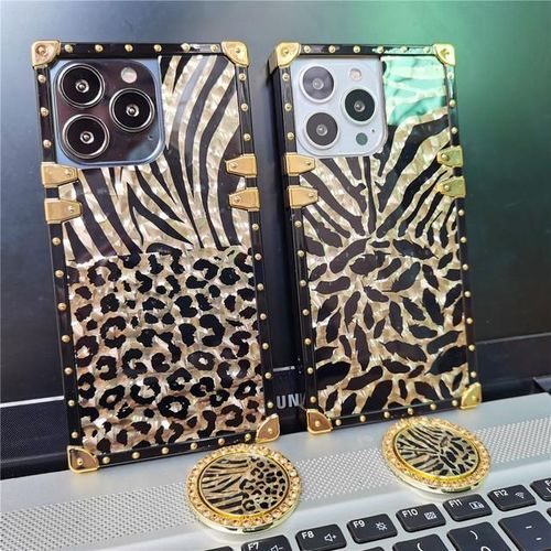 Luxury Leopard Gold Plating Phone Case Glitter Diamond Ring Stand for iPhone Models Stylish Design Durable & Functional Funda