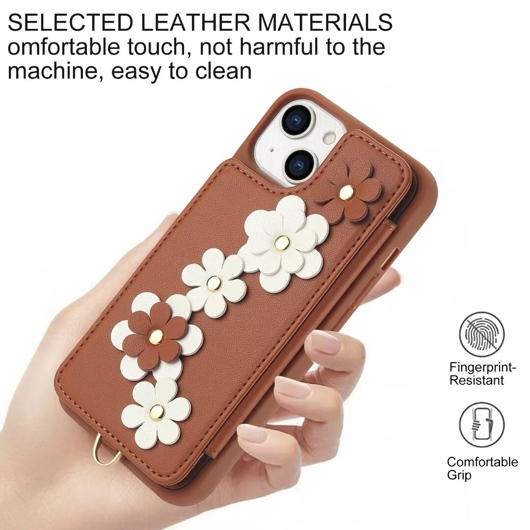 Luxury Crossbody Wallet Leather Phone Case – 3D Flower Design, Card Slot, Wrist Strap, Magnetic Closure, Protective Cover