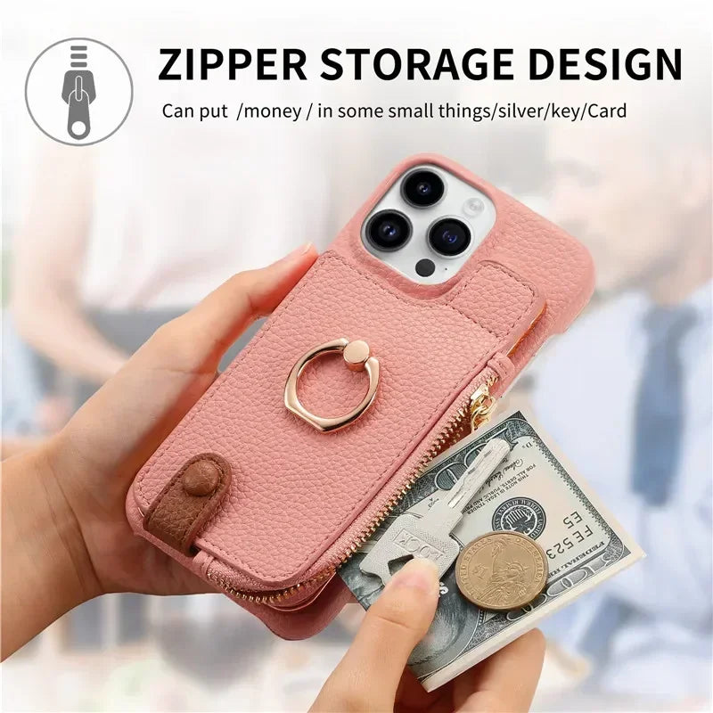 Luxury Leather Zipper Wallet Phone Case – Card Holder, Ring Kickstand, Shockproof Cover for iPhone Models