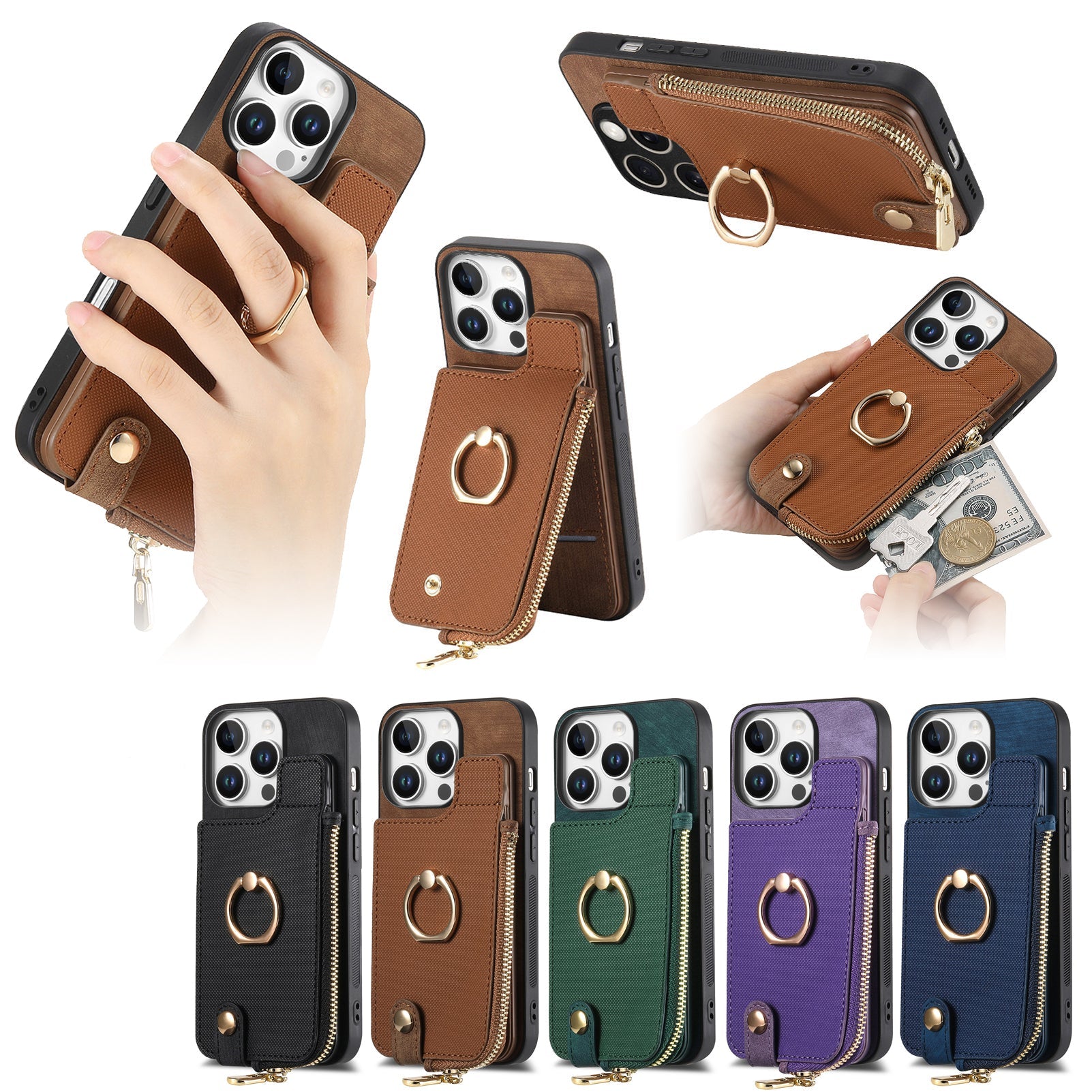 Luxury Zipper Wallet Leather Phone Case – Card Holder, Ring Kickstand, Shockproof Protection, and Stylish Crossbody Design for Secure & Convenient Use