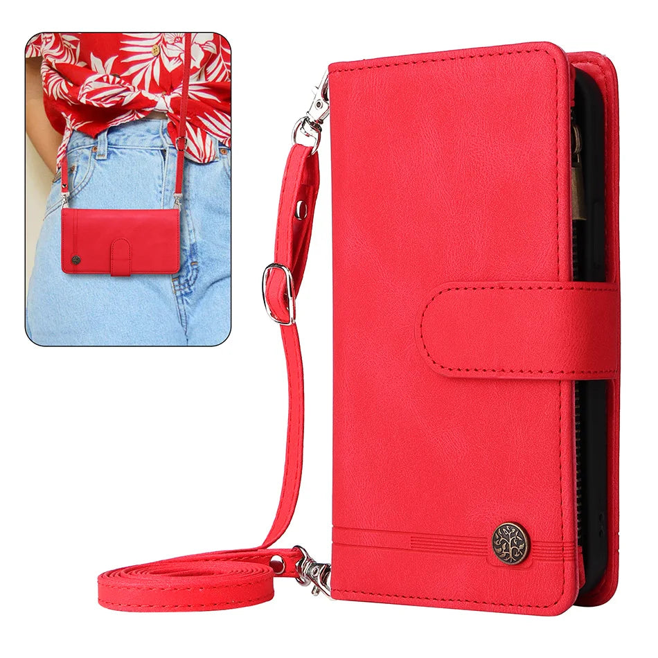 Premium Retro Flip Leather Case – Zipper Wallet, Multi-Card Slots, Necklace Lanyard, Magnetic Closure, Shockproof Protection for iPhone