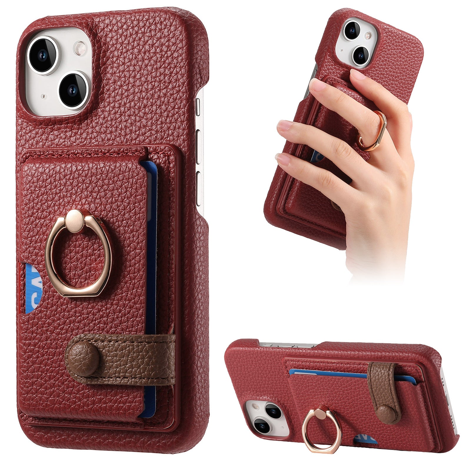 Premium Leather Ring Stand Wallet iPhone Case – Shockproof Phone Cover with Card Holder, Magnetic Closure, and Kickstand Support for Hands-Free Convenience