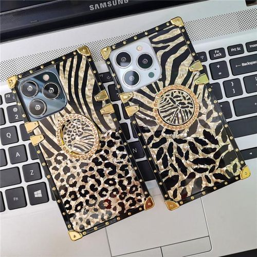 Luxury Leopard Gold Plating Phone Case Glitter Diamond Ring Stand for iPhone Models Stylish Design Durable & Functional Funda