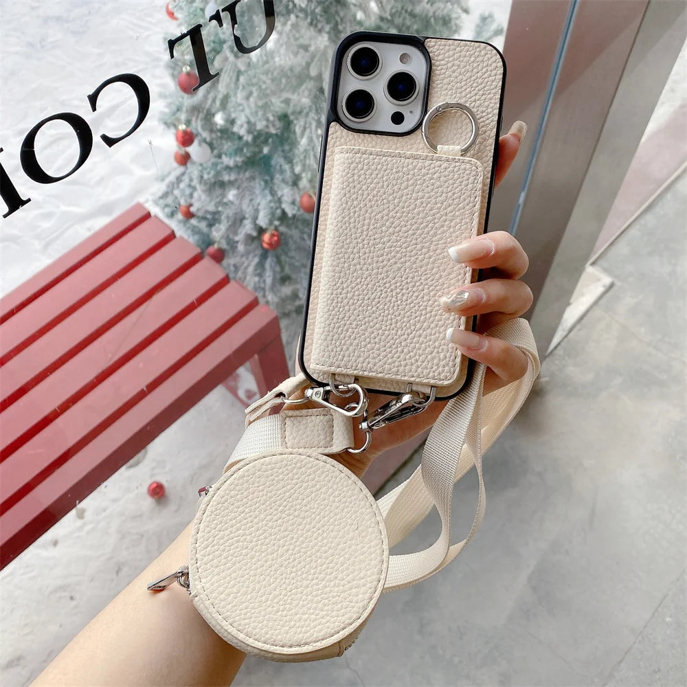 Luxury Crossbody Wallet Coin Purse Phone Case for iPhone 16, 15, 14, 13, 12, 11 Pro Max – Card Pocket Holder, Lanyard Leather Cover