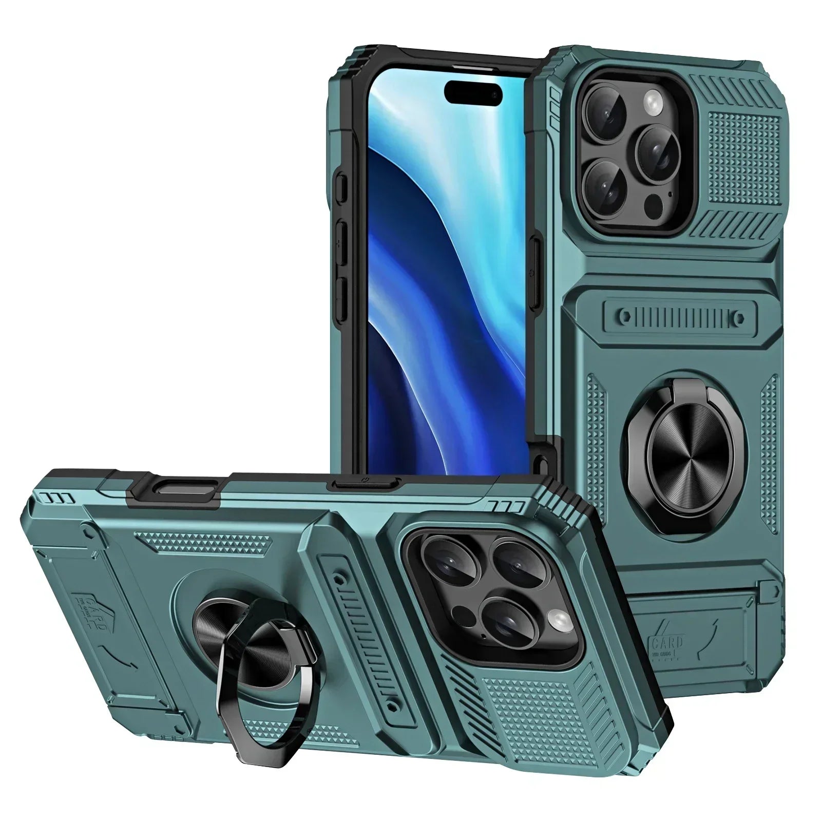 Magnetic Card Holder iPhone Case – Rotating Ring Kickstand, Heavy-Duty Shockproof Wallet Cover for iPhone Models